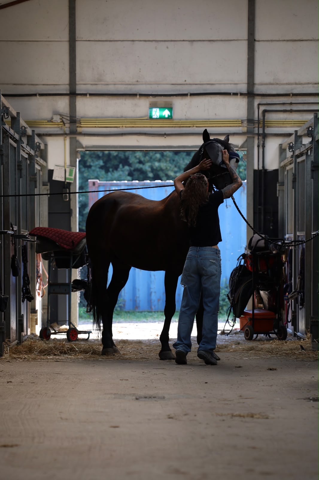 Verzorger en paard in het stalpad van de pensionstal